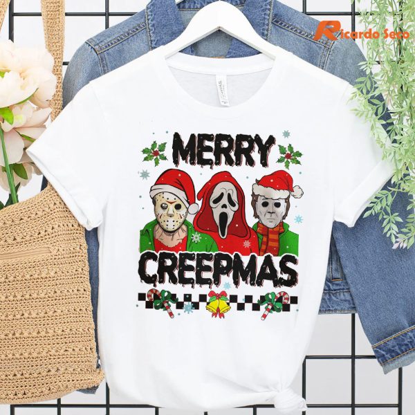 Horror Characters Merry Creepmas T-shirt hanging on a hanger