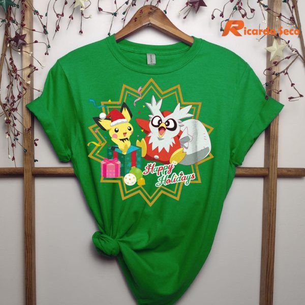 Pokemon Christmas Pikachu and Delibird Happy Holidays T-Shirt hung on a hanger