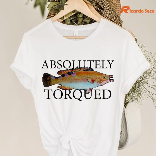 Absolutely Torqued Fish T-shirt hangs on a hanger
