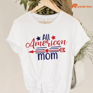All American Mom T-shirt hanging on a hanger