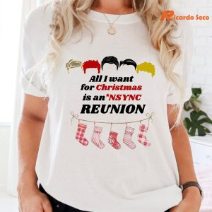 All I want for Christmas is an NSYNC Reunion T-Shirt is worn on the body