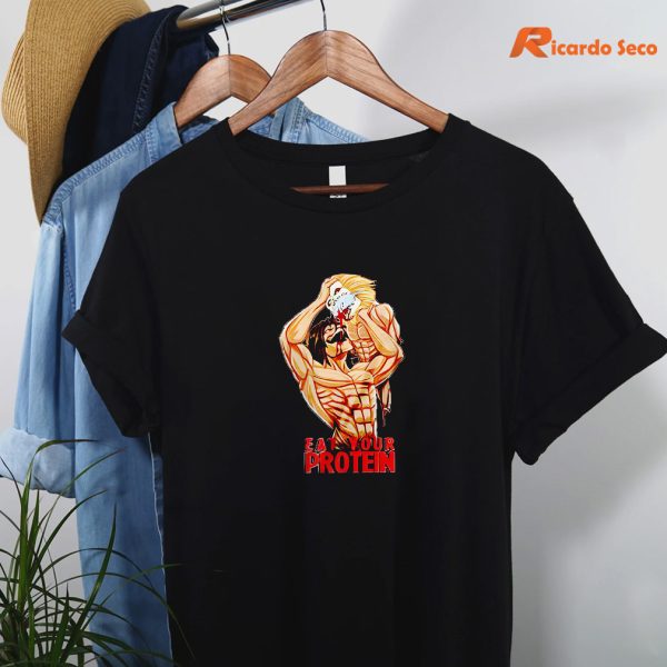 Attack On Titan Eat Your Protein T-shirt is hanging on a hanger