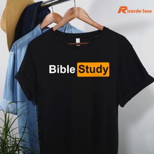 Bible Study Hub Logo Funny Sarcastic Adult Humor T-shirt hanging on a hanger