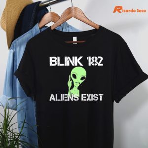 Blink 182 Aliens Exist T-shirt hanging on a hanger