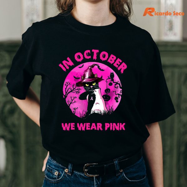 Cat witch in October we wear Pink Breast cancer awareness Halloween T-shirt is worn on the human body