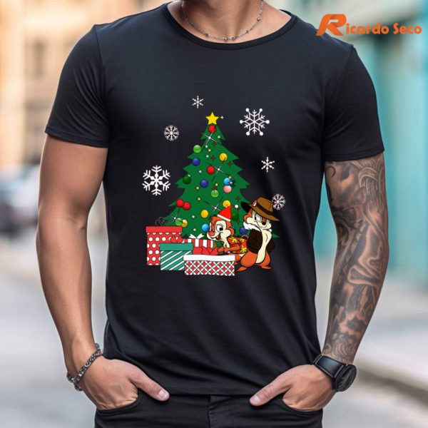 Chip N Dale Around The Christmas Tree T-Shirt is being worn on the body