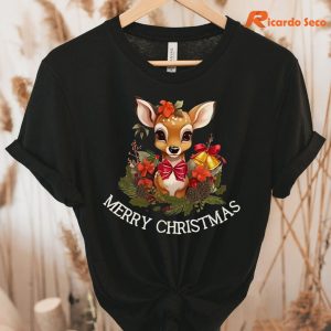 Christmas Deer T-Shirt hanging on a hanger