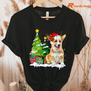 Corgi Dog Santa Hat Reindeer Christmas T-shirt hanging on the hanger