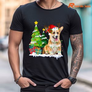 Corgi Dog Santa Hat Reindeer Christmas T-shirt is being worn on the body