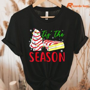 Debbie-Becky-Jen Little Tis' The Season Christmas Tree T-Shirt hung on a hanger