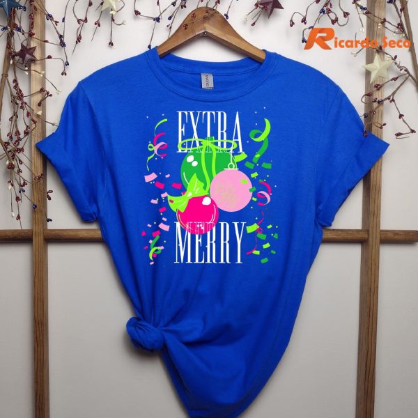 Extra Merry And Bright Southern Prep Simply Christmas T-Shirt hung on a hanger