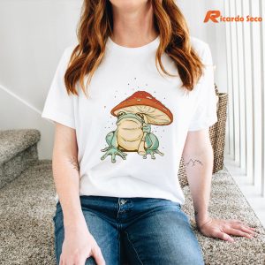 Frog Mushroom Umbrella T-shirt is worn on the human body
