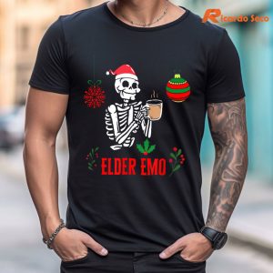 Gothic Elder Emo Skeleton Goth Red And Green Christmas T-shirt is worn on the body