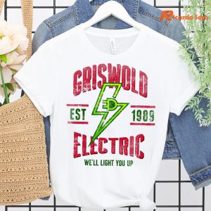 Griswold Electric Funny Christmas T-shirt hanging on a hanger