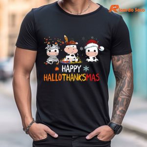 Happy Hallothanksmas Cow Christmas T-shirt is worn on the body