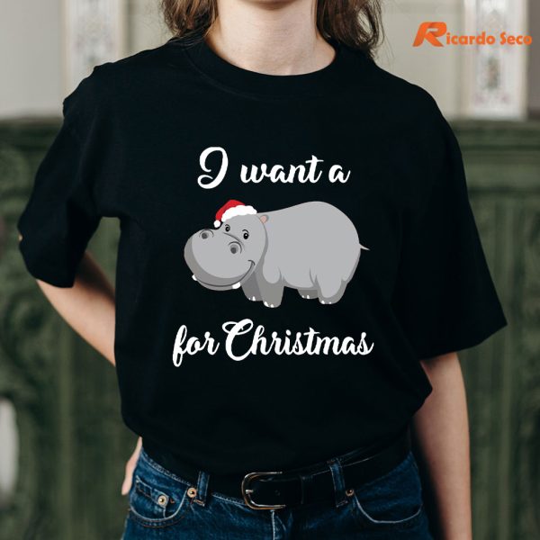I Want a Hippopotamus for Christmas T-shirt hanging on the hanger