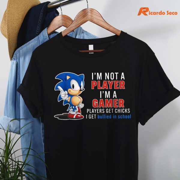 I'm Not a Player I'm a Gamer T-shirt hanging on the hanger