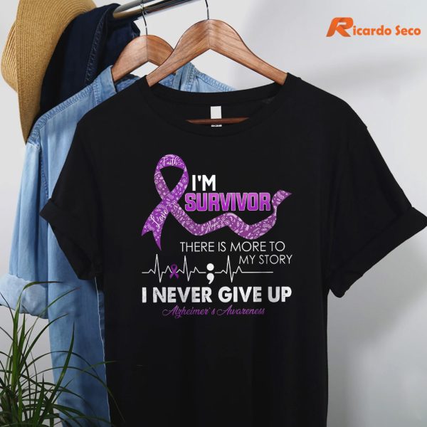 I'm Survivor, Purple Alzheimer's Awareness T-shirt hanging on a hanger