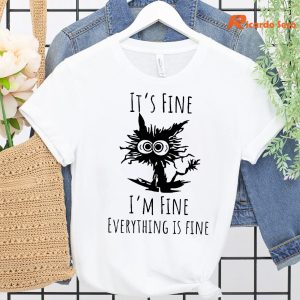 Its Fine I'm Fine Everything is Fine Christmas Cat T-shirt hanging on a hanger