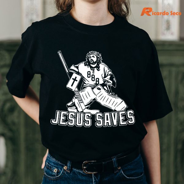 Jesus Saves Hockey T-shirt is being worn