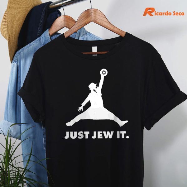 Just Jew It T-shirt hanging on a hanger