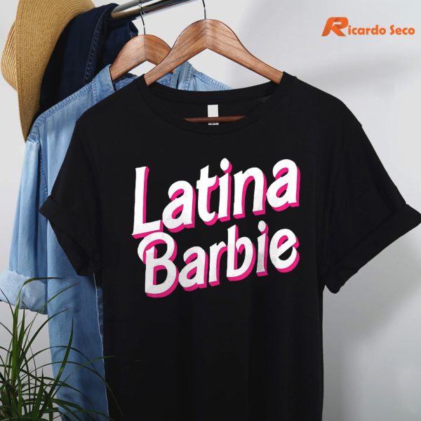 Latina Barbie T-shirt hanging on a hanger