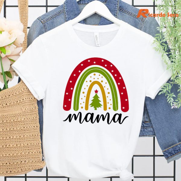 Mama Christmas T-shirt hanging on a hanger