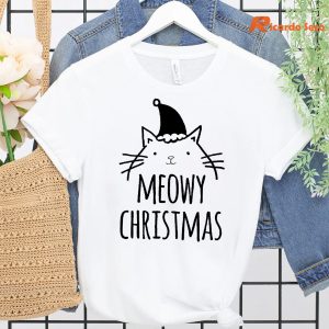 Meowy Christmas Cat T-shirt hanging on the hanger