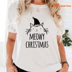 Meowy Christmas Cat T-shirt is worn on the body