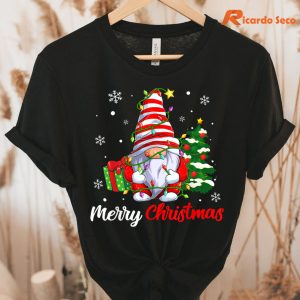 Merry Christmas Funny Gnome T-shirt hanging on a hanger