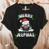 Merry Jeepmas funny Christmas T-shirt hung on a hanger