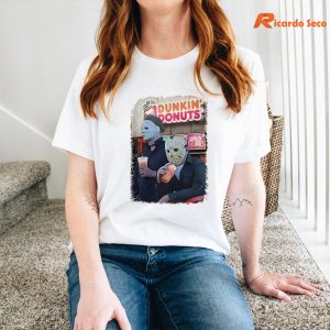 Michael Myers Dunkin Donuts T-shirt is being worn on the body