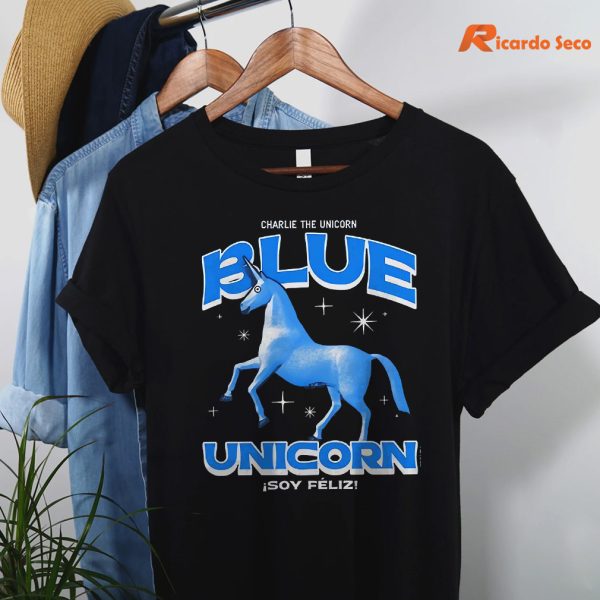 Official charlie The Unicorn Blue Unicorn T-shirt hanging on a hanger