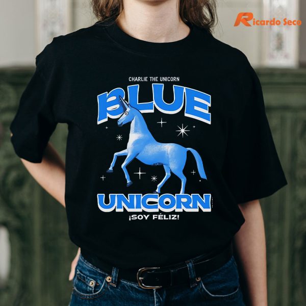 Official charlie The Unicorn Blue Unicorn T-shirt is being worn