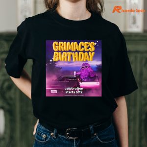 Official Grimace’s Birthday T-shirt being worn on the human body