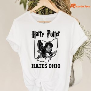 Official Harry Potter Hates Ohio T-shirt hanging on the hanger