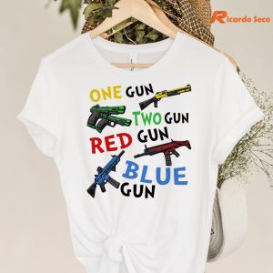 One Gun Two Gun Red Gun Blue Gun T-shirt hanging on the hanger