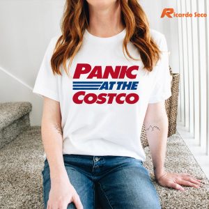 Panic At The Costco T-shirt is worn on the human body
