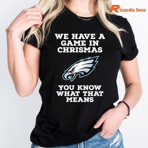 Philadelphia Eagles Christmas Game T-Shirt is worn on the body