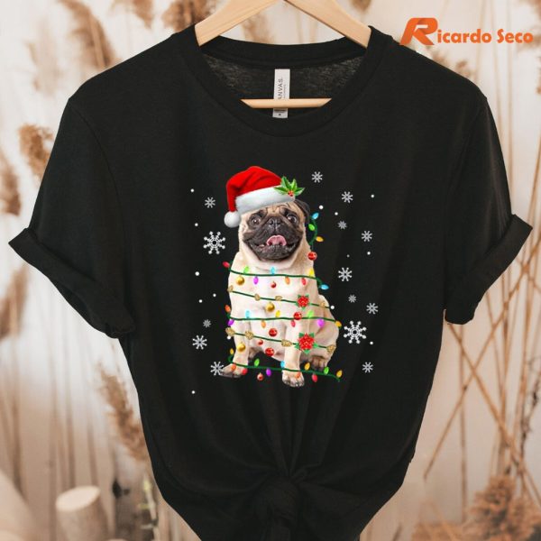 Pug Christmas Tree Light Pajama Dog X-mas T-shirt hanging on a hanger