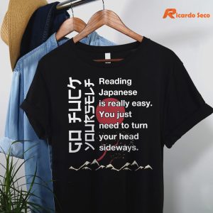 Reading Japanese is Easy T-shirt hanging on the hanger