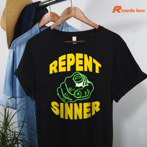 Repent Sinner - Christian Jesus Bible T-shirt hanging on the hanger