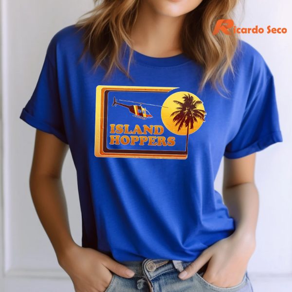 Retro Island Hoppers T-shirt is being worn on the body