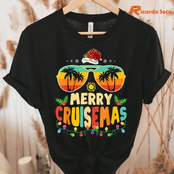 Santa Reindeer Cruise Christmas T-Shirt hanging on the hanger