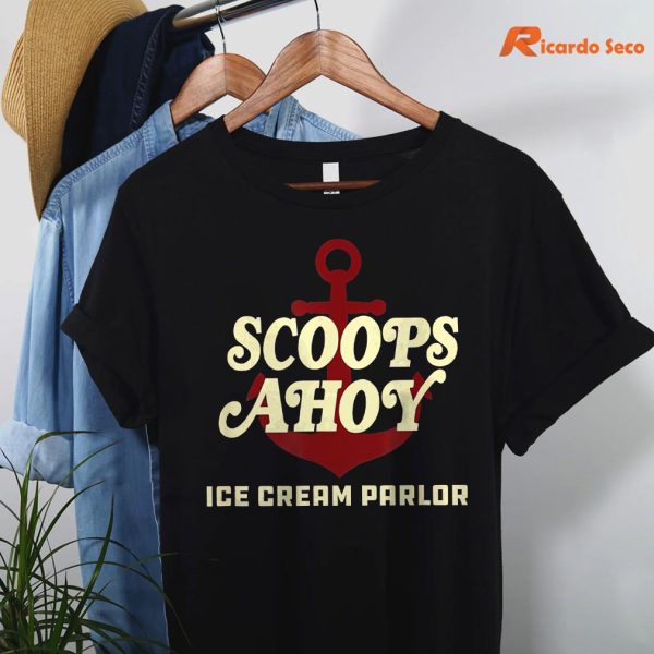 Scoops Ahoy Ice Cream Parlor Logo T-shirt hanging on the hanger