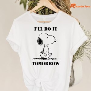 Snoopy I'll Do It Tomorrow T-shirt hanging on the hanger
