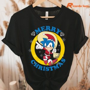 Sonic the Hedgehog Christmas T-shirt hanging on the hanger