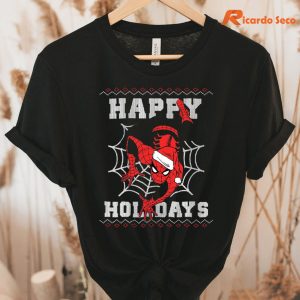 Spiderman Happy Holidays Ugly Christmas T-Shirt hung on a hanger