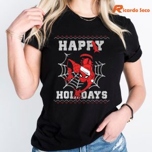 Spiderman Happy Holidays Ugly Christmas T-Shirt is worn on the body