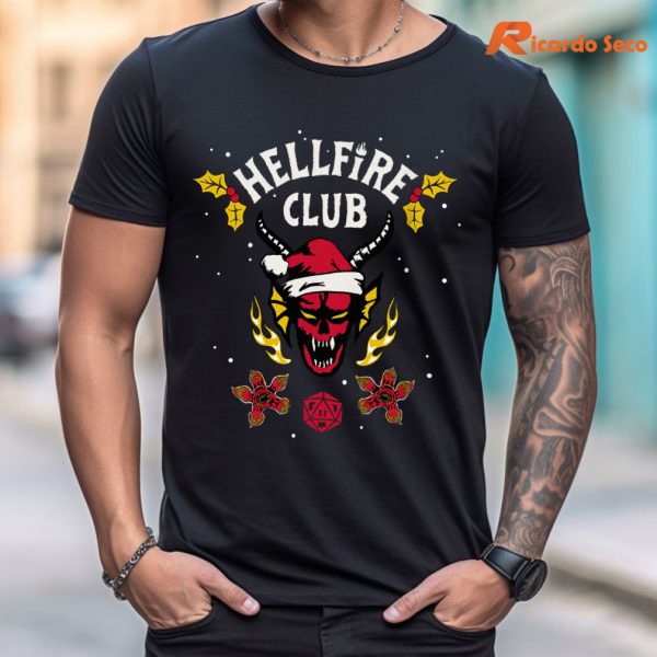 Stranger Things Christmas Hellfire Club Logo T-shirt is worn on the body